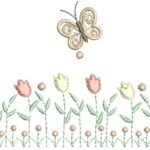 Jardim de Tulipas com Trio de Borboletas em Crivo