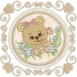 Ursa na Moldura com Raminho de Flores - Ponto Cheio
