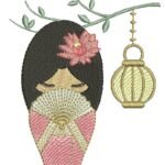 Menina Japonesa com Leque em Pontos leves e  Ponto Cheio