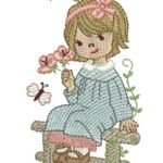 menina Sentada na Cerca Segurando Flores - Rippled