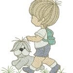Menino com Mochila e Cachorrinho em Pontos Leves